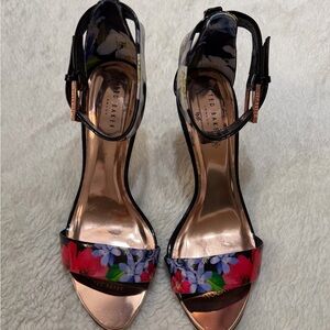 Ted Baker Black Floral Ankle-Strap Heels with Rose Gold Footbed